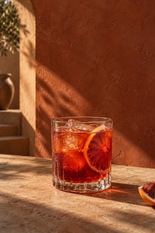 Un verre aux agrumes, dans la lumière de fin de journée, présenté sur l’écran de la borne