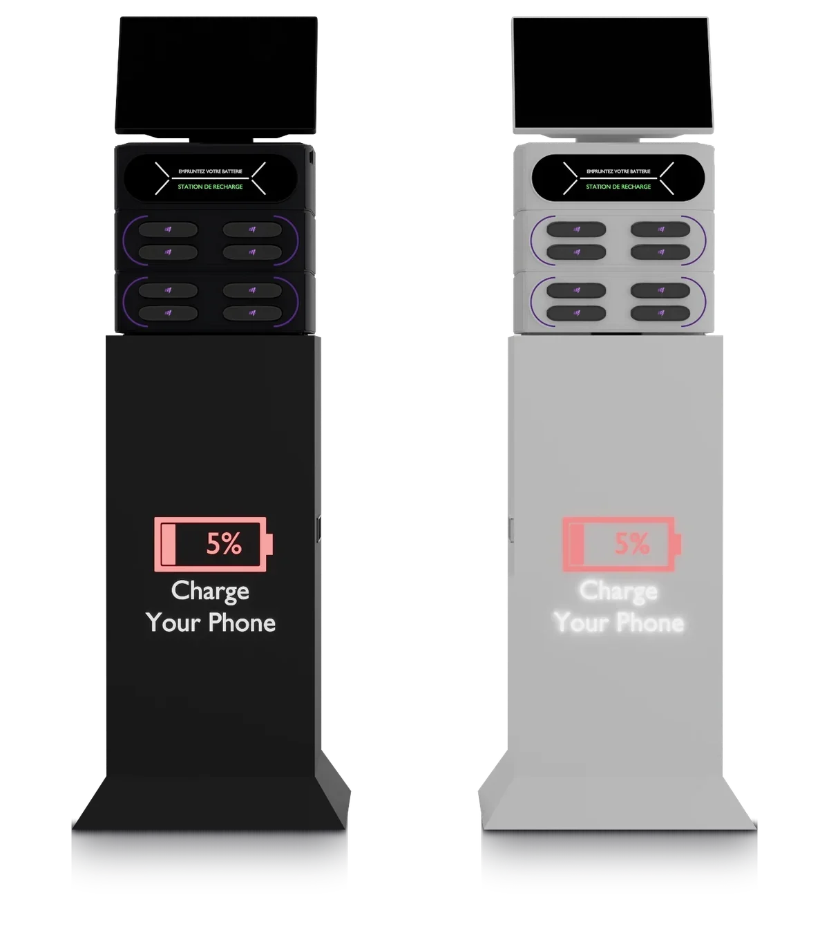 Stands Onexa noir et blanc, chacun équipé d'une borne de recharge.