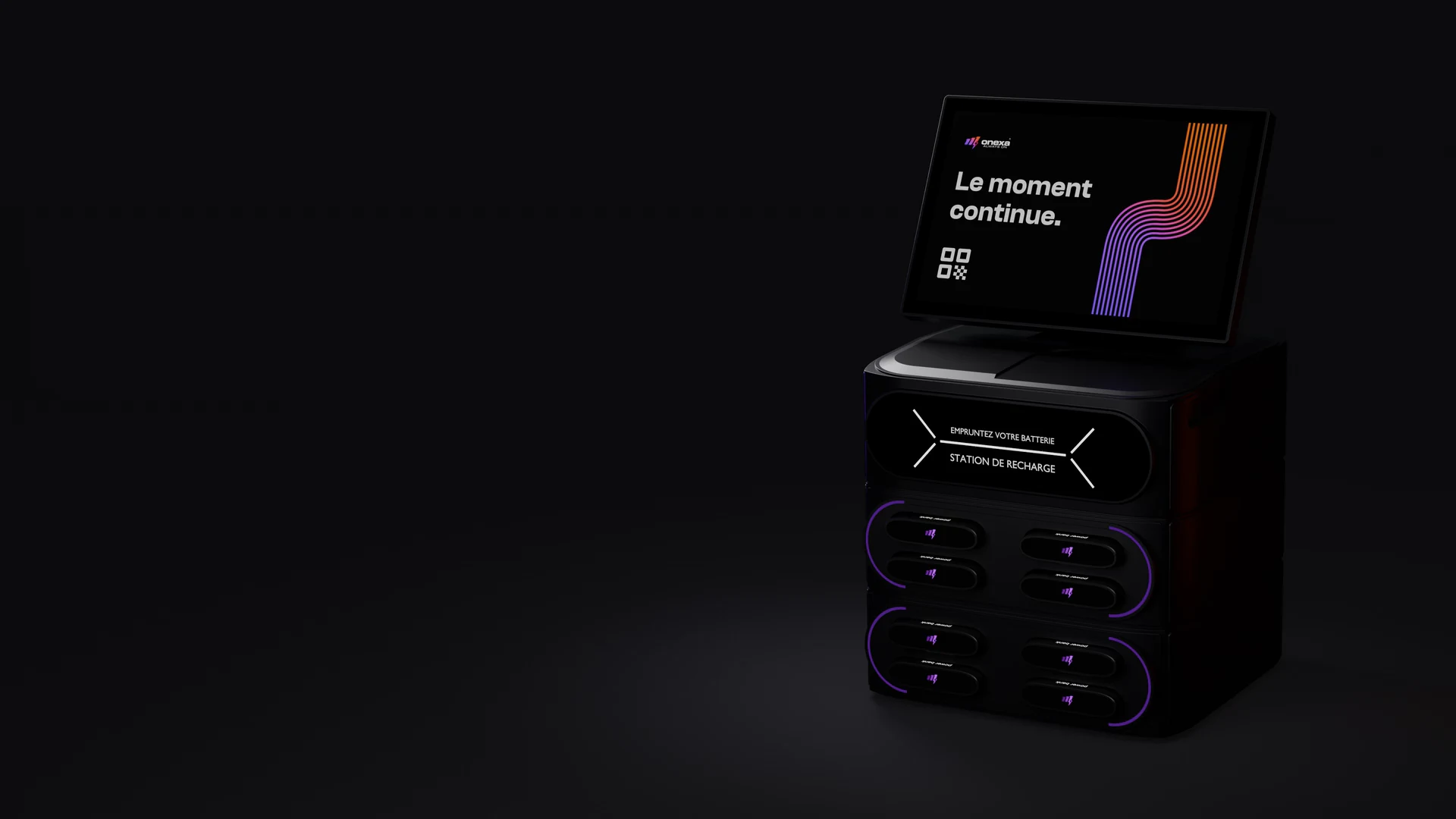 Borne Onexa Light 8 noire, avec écran et huit batteries portables en libre-service.