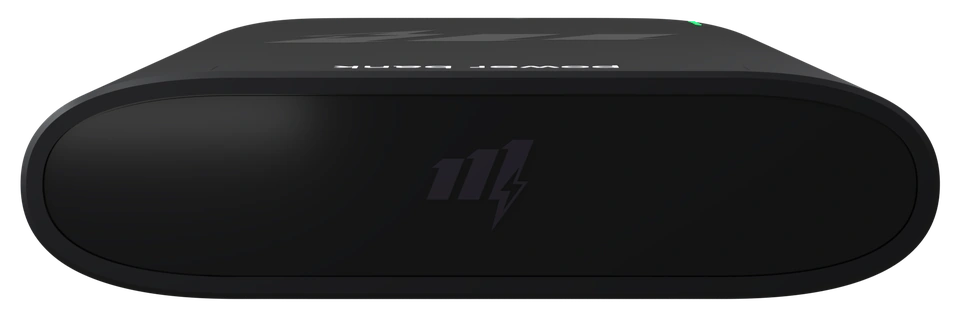 La tranche vitrée de la batterie portable Onexa, avec son logo lumineux violet.